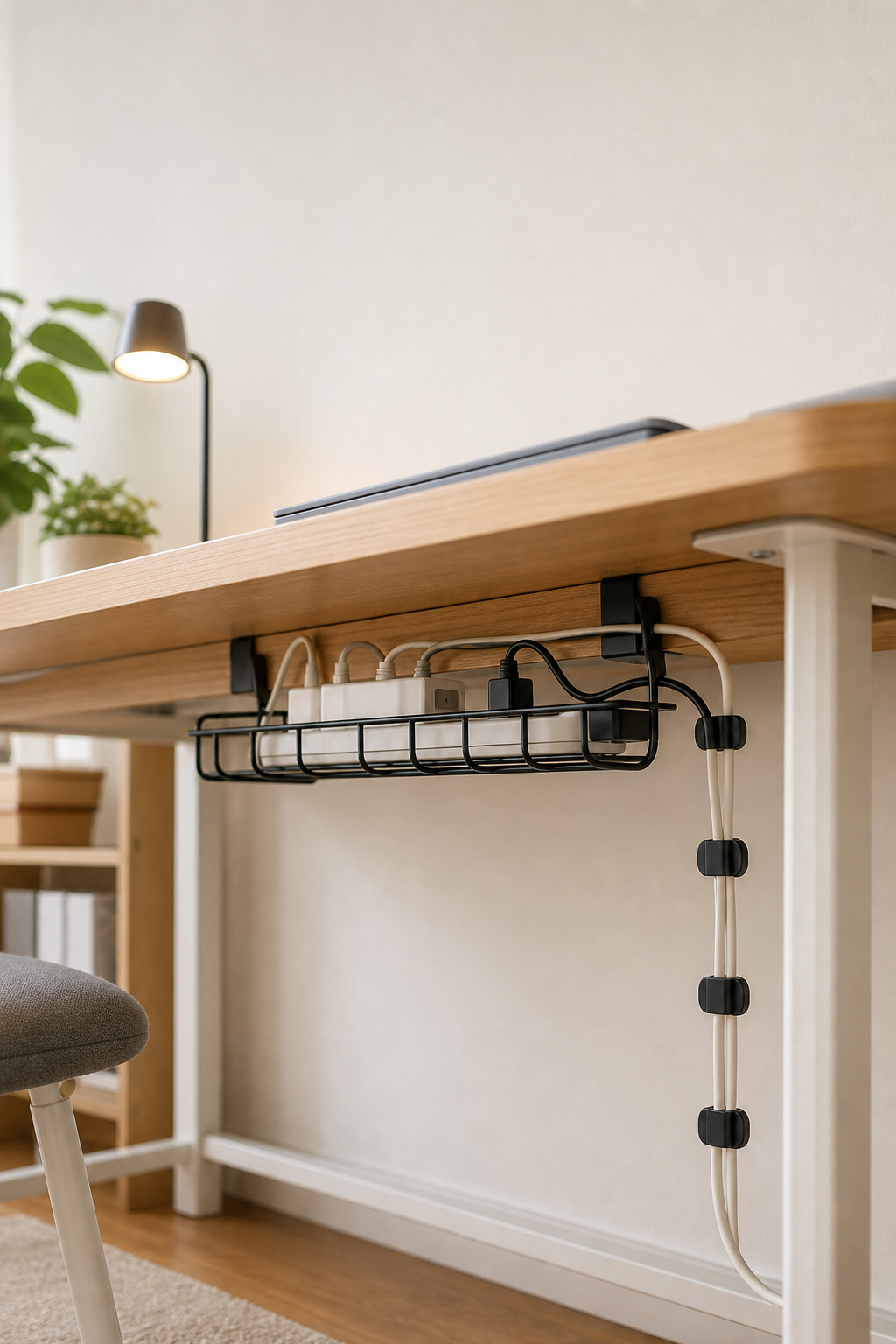 Under desk cable management for a compact workspace