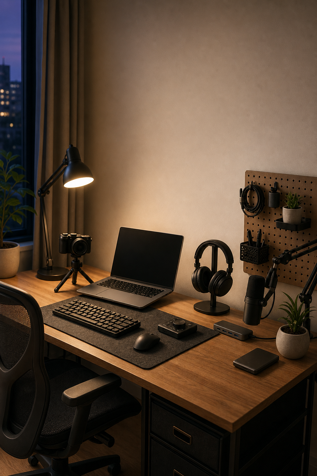 Compact creator workspace with evening lighting and organized gear