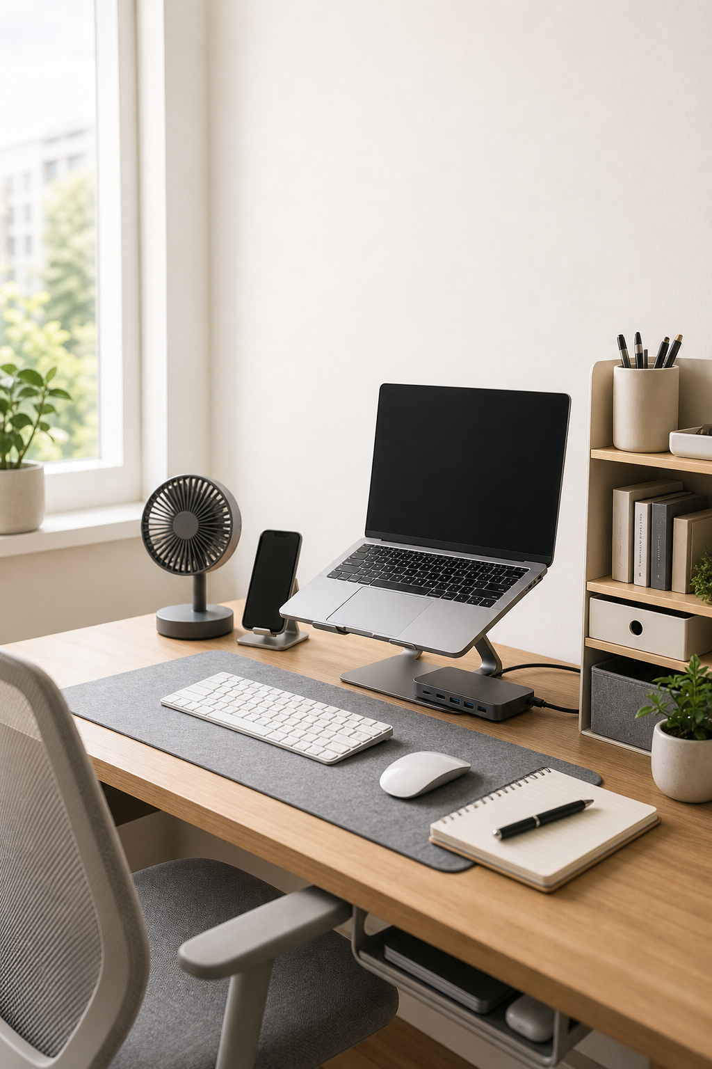 Home office desk near a window with small useful gadgets